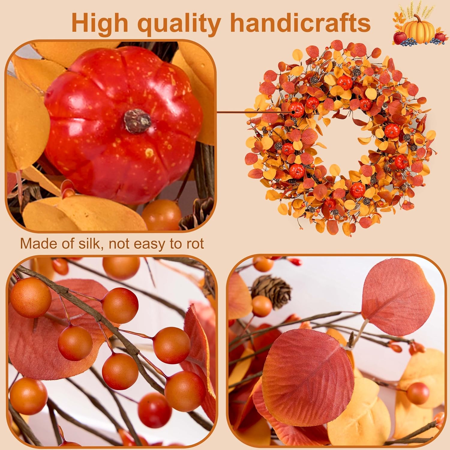 22 Inch Artificial Fall Wreath for Front Door