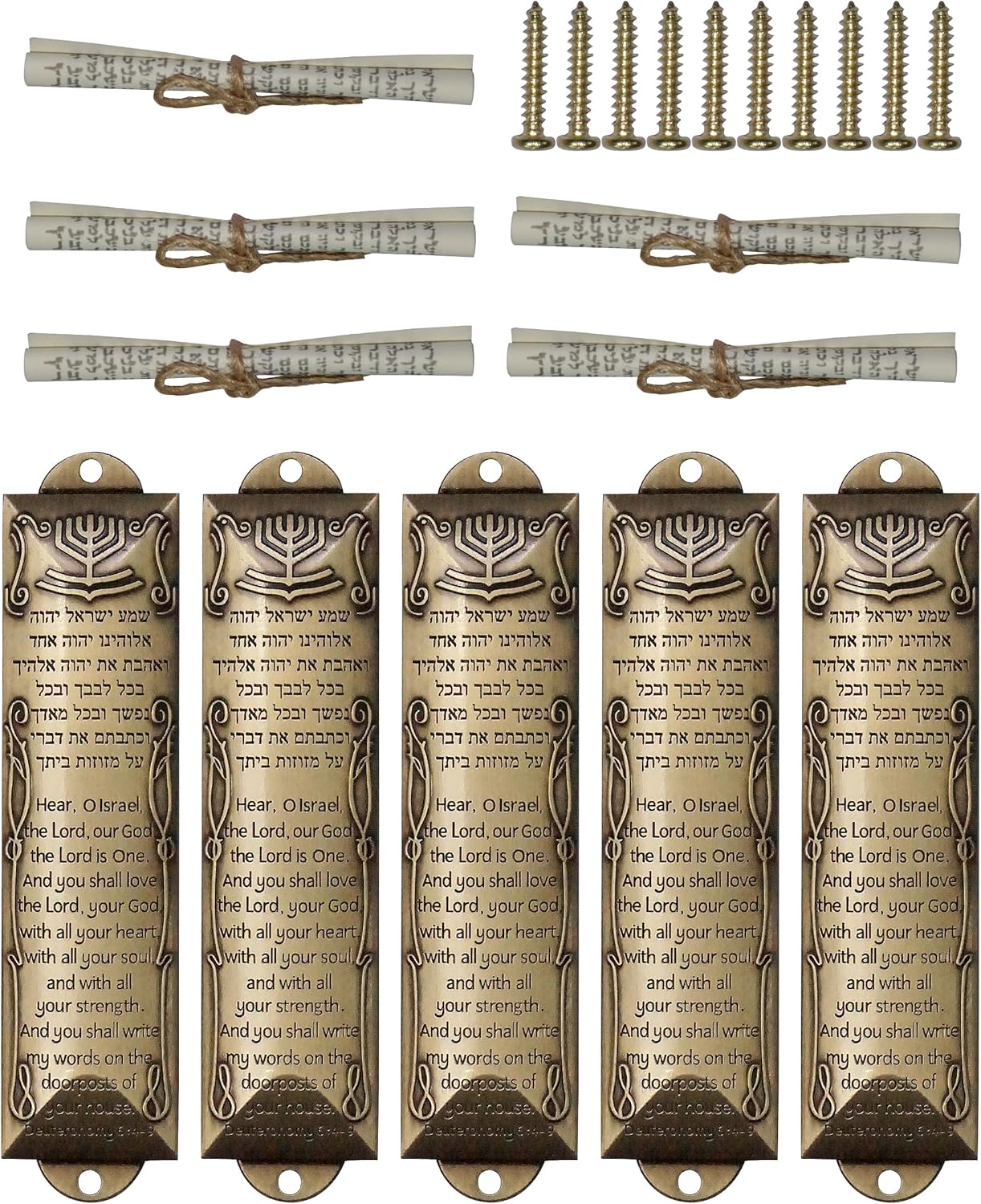 Durable Mezuzah Set of 5 Gold Metal Scrolls for Door