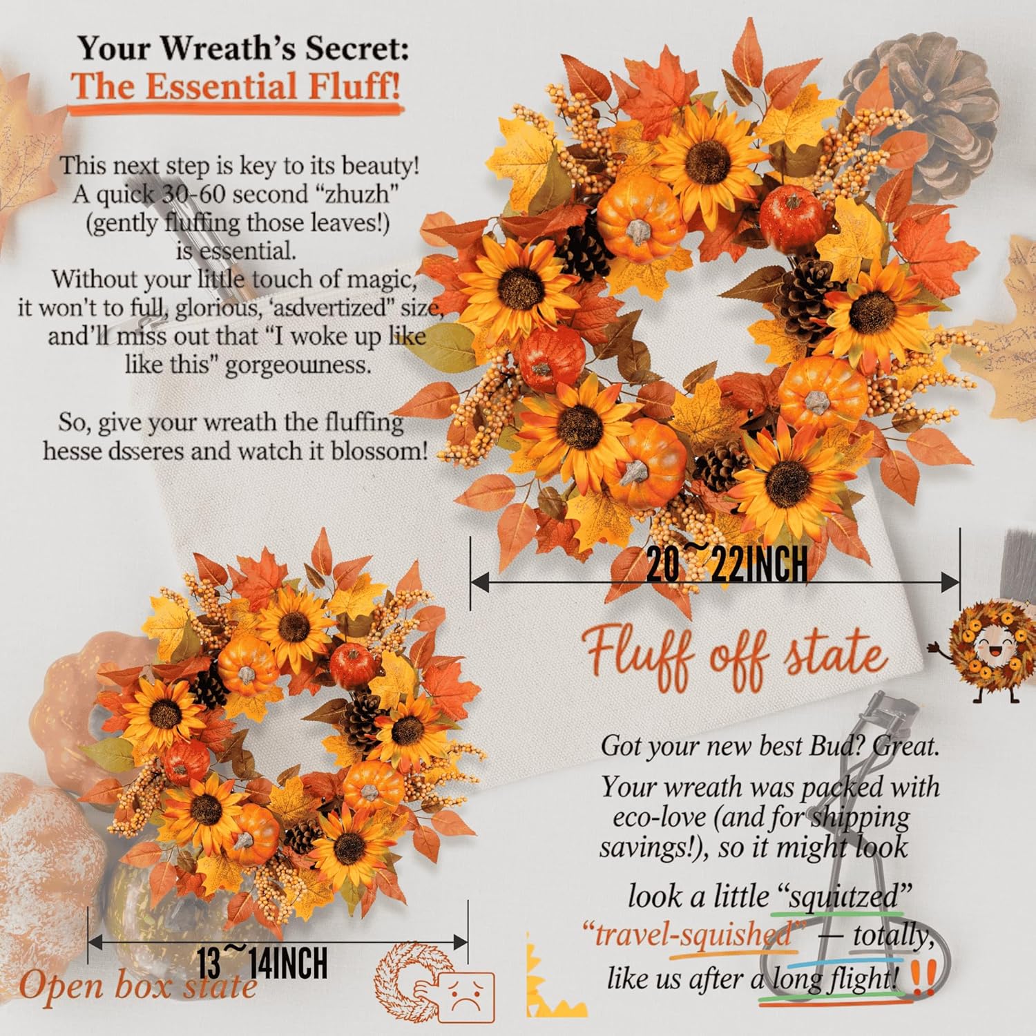 Pudate 22 Inch Fall Wreath with Sunflowers Pumpkins Pinecones Berries
