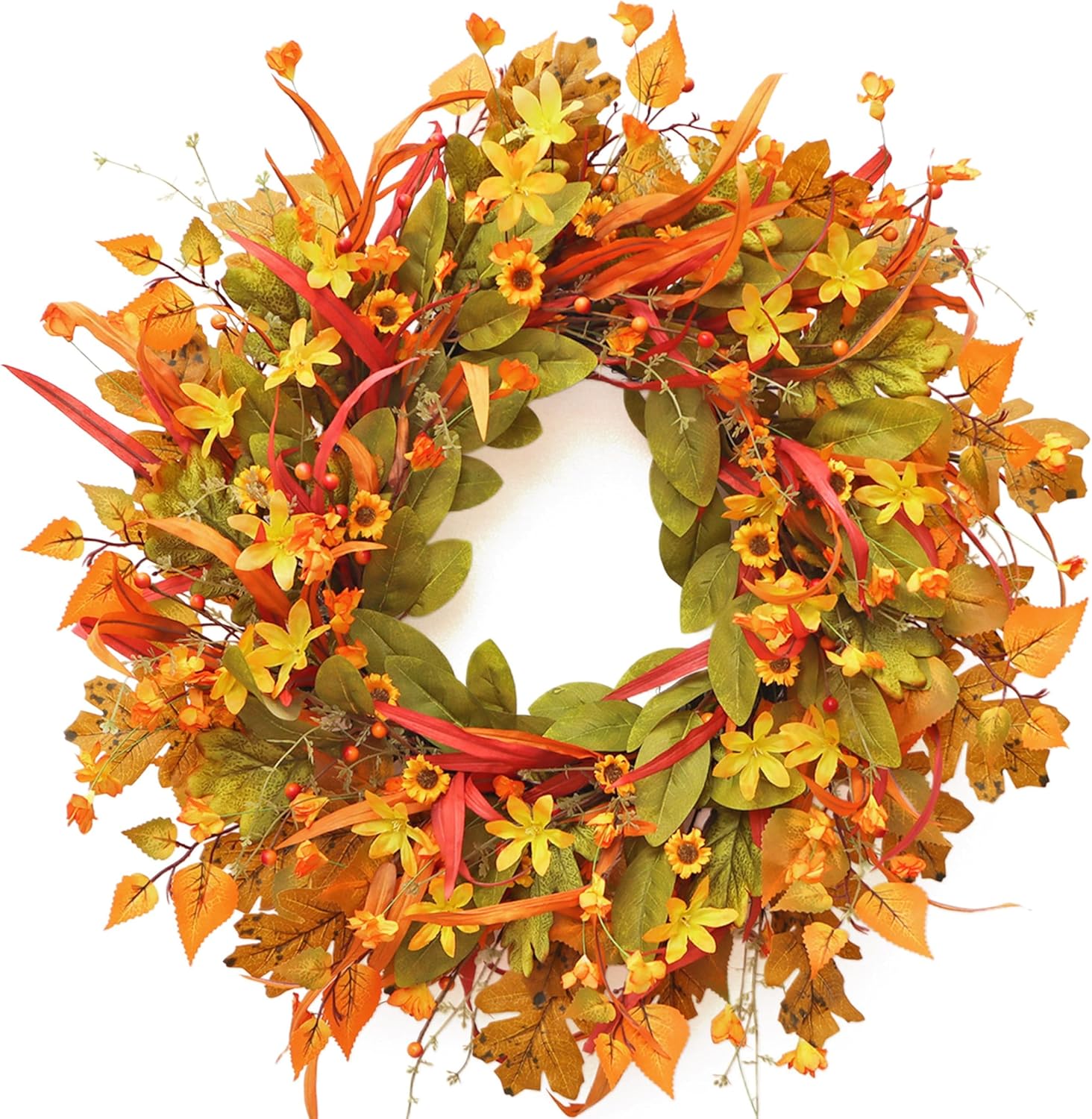 24 Inch Fall Wreath Front Door Decor with Berries and Leaves