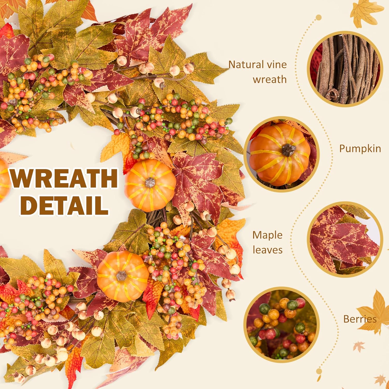 GENMOUS Fall Door Wreath with Pumpkins and Maple Leaves