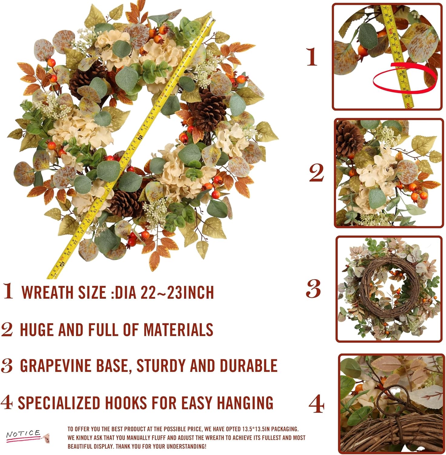 22 Inch Fall Hydrangea Wreath with Eucalyptus Pinecones Orange Berries