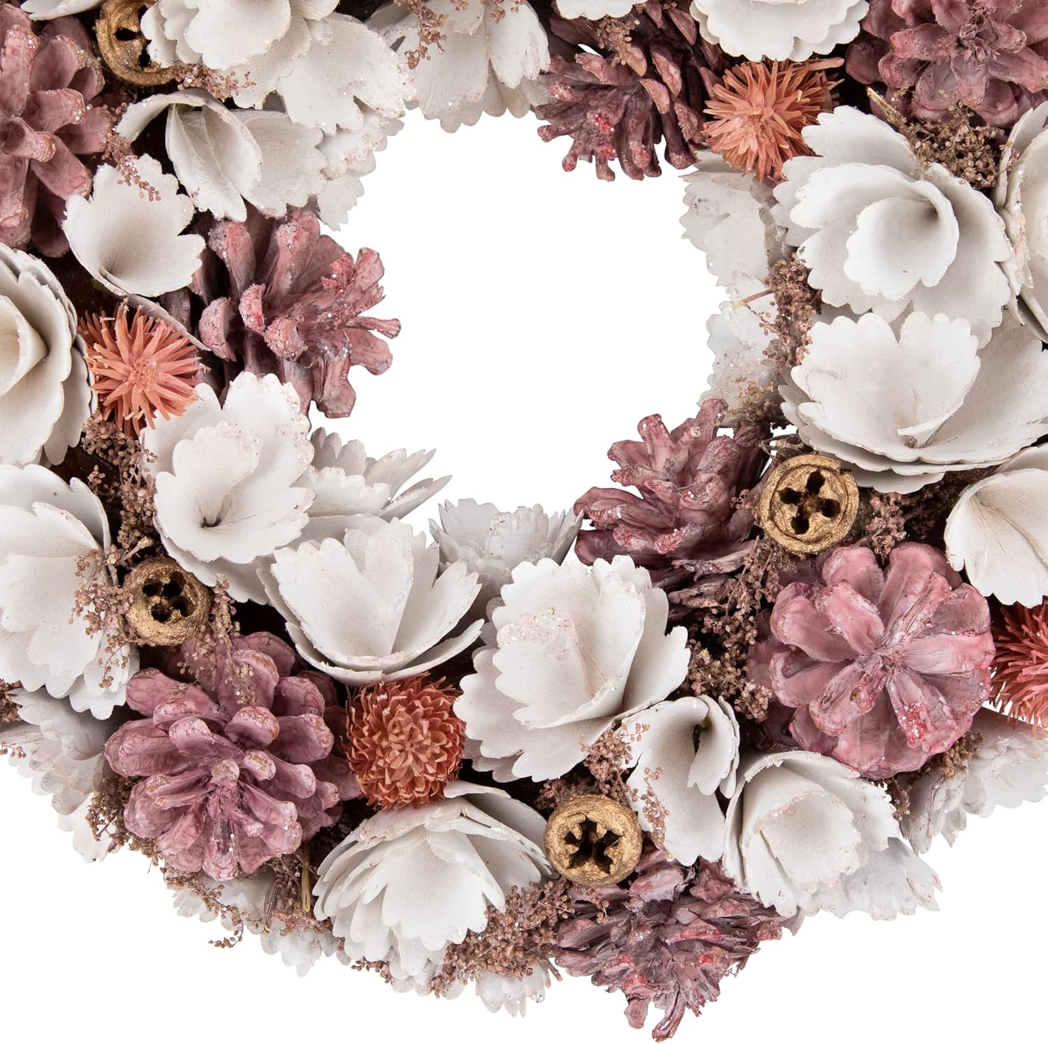 Northlight 13 Inch White Pink Wooden Floral Christmas Wreath with Pinecones
