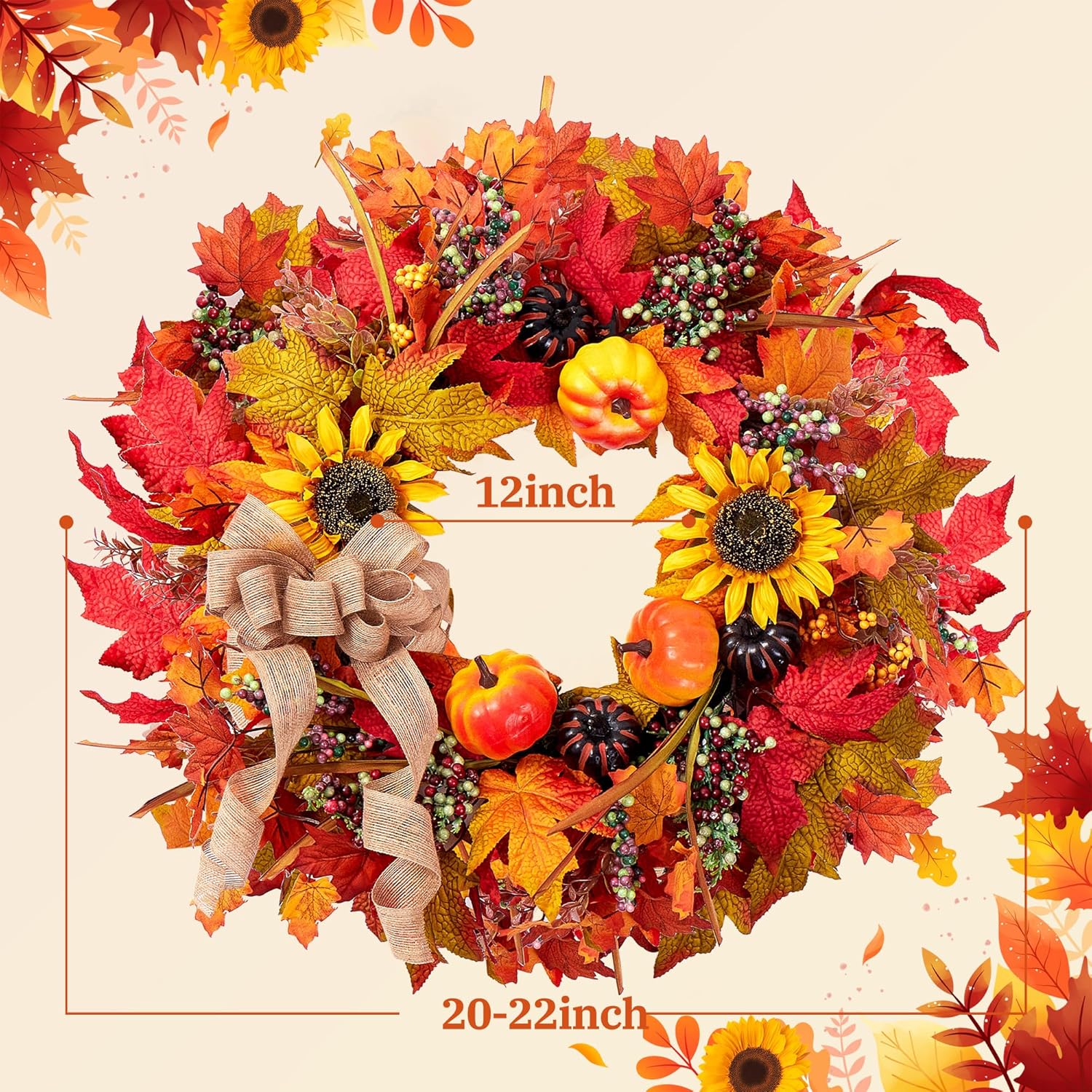 Elegant Fall Wreath for Front Door with Burlap Bow