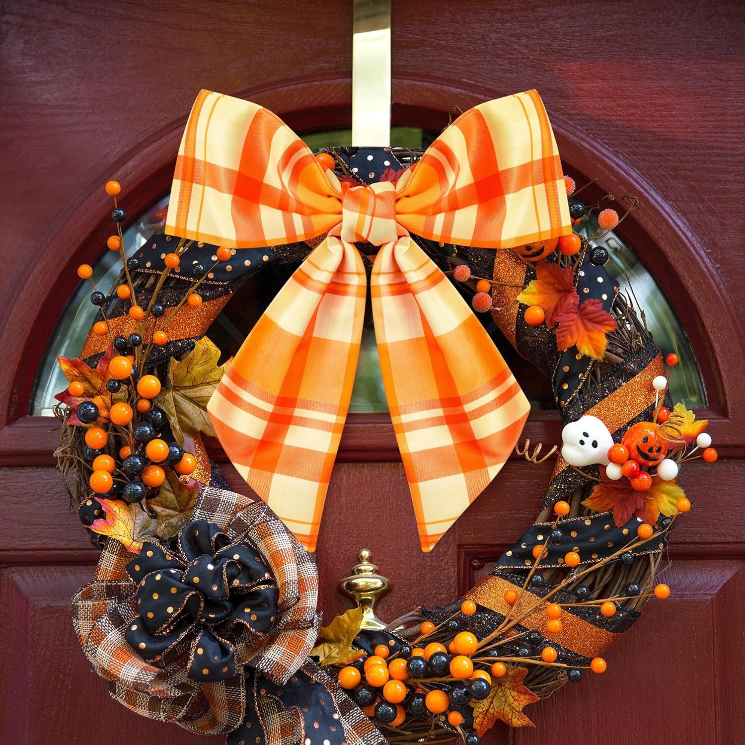 WATINC Autumn Orange Wreath Sash - 2pcs Fall Buffalo Check DIY Front Door Accessory