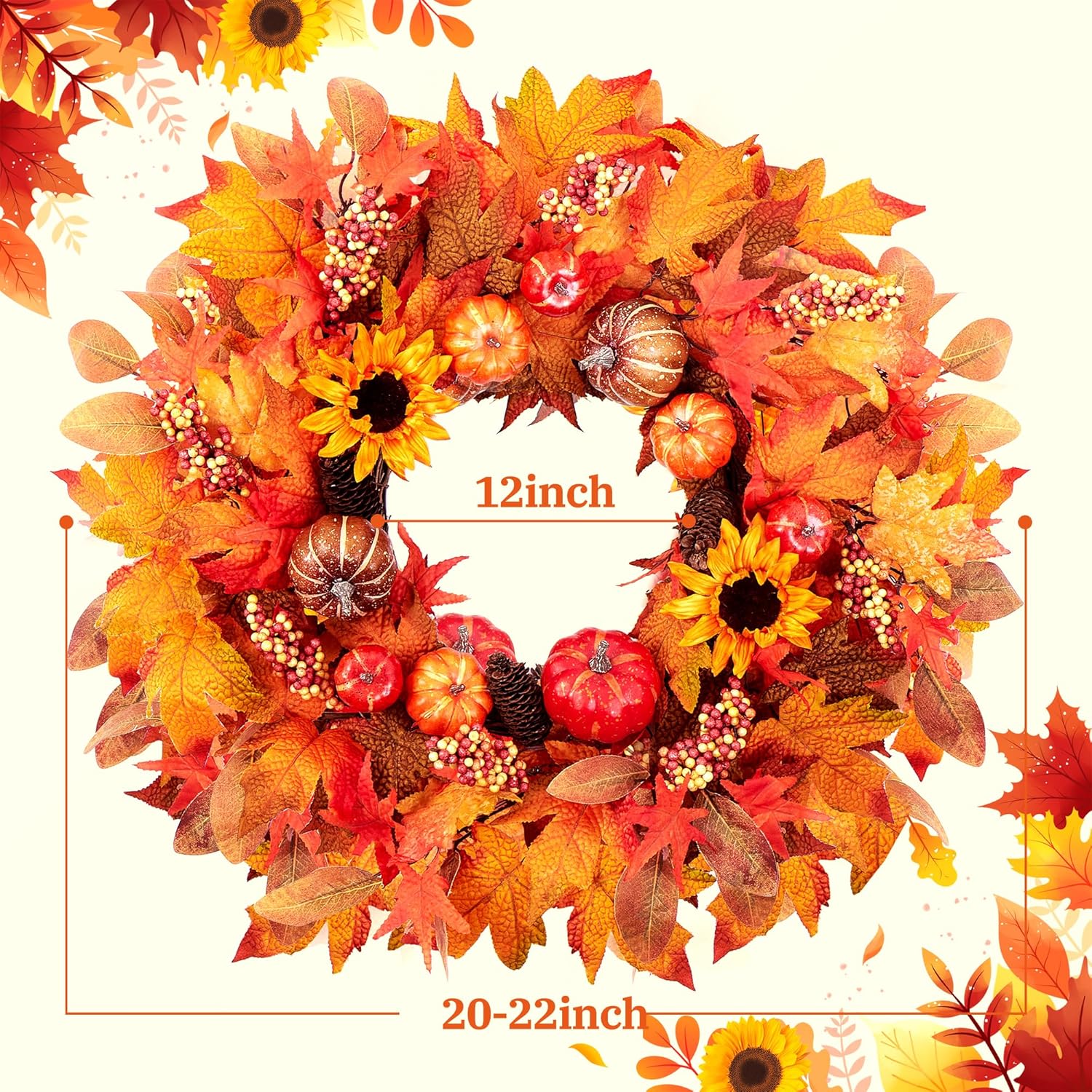 Fall Wreaths for Front Door 22 Inch Autumn Pumpkin Sunflower Decor