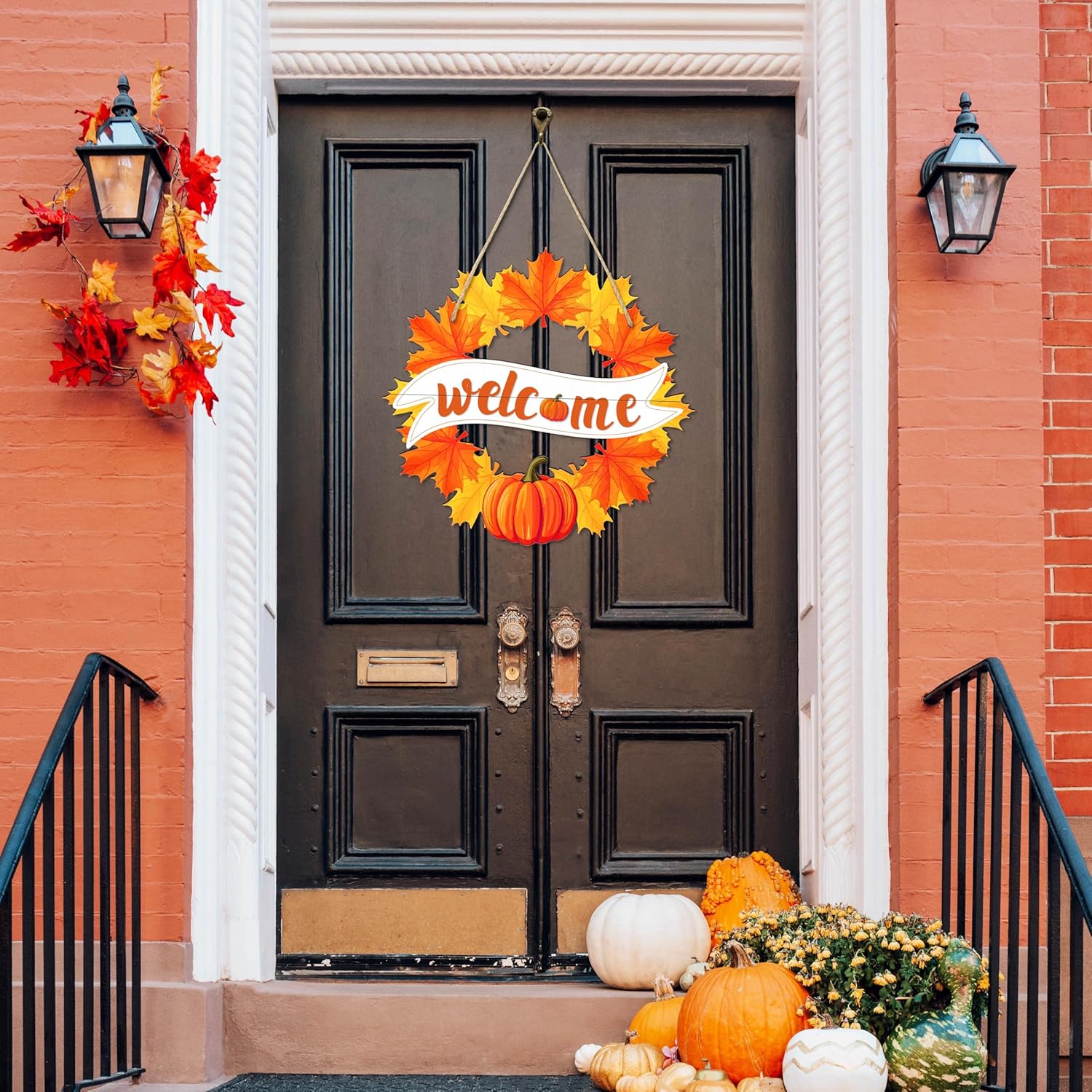 Fall Wreath for Front Door Decor Foldable Welcome Sign Autumn Thanksgiving Harvest Hanging Decoration