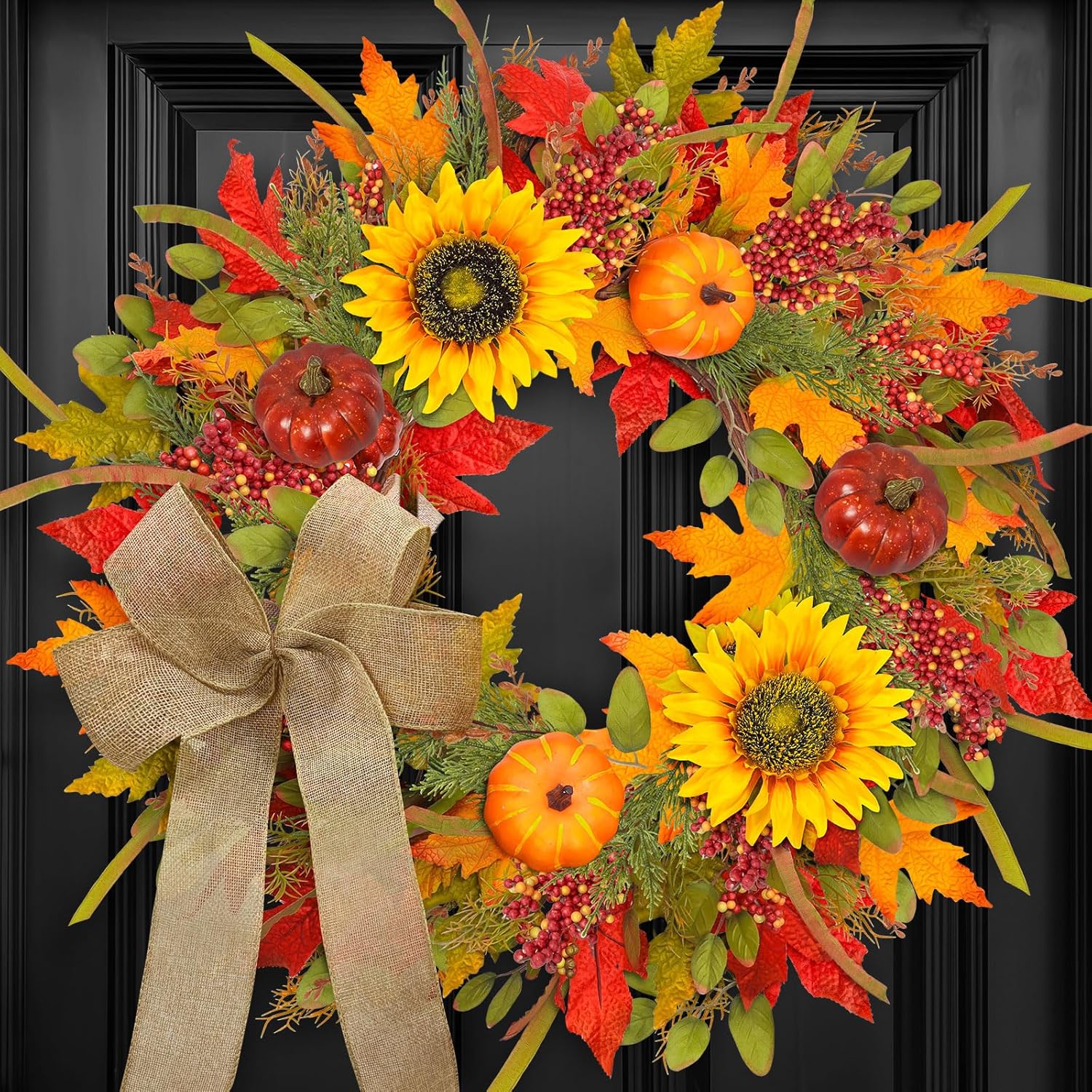24-26 Inch Fall Wreath with Sunflowers Pumpkins Bows and Berries