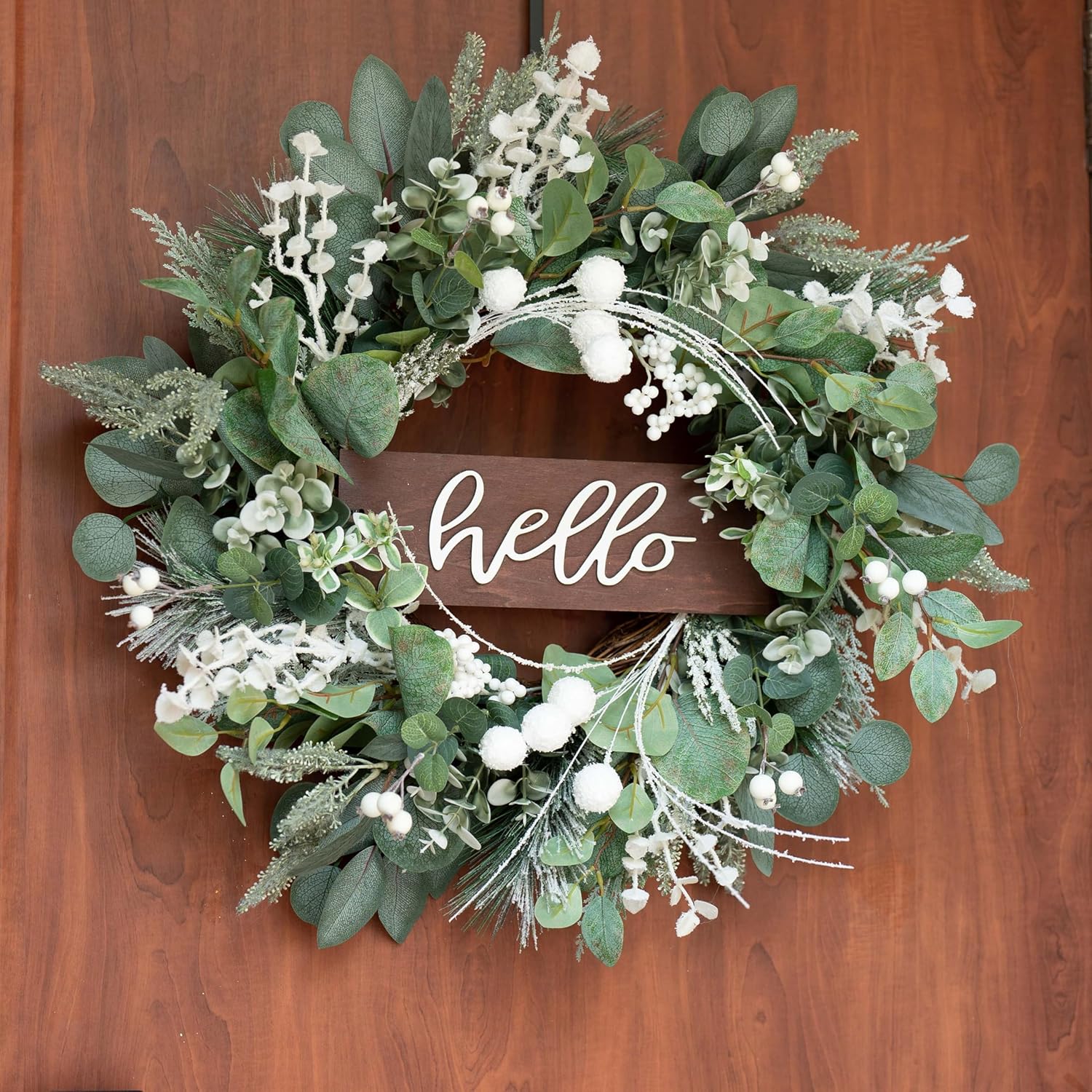 Soomeir 24 Inch Winter Door Wreath with Snow Leaves and Pine Needles